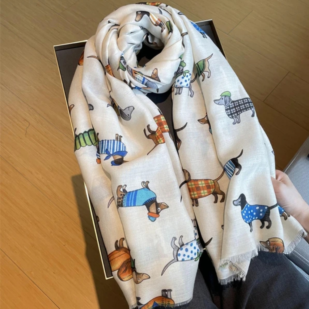 NWT CREAM DACHSHUND PRINT SCARF